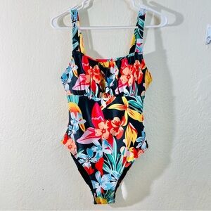 NWT Aimage Women Floral One Piece Swimsuit Medium Blue/Red Summer Beach Vacay